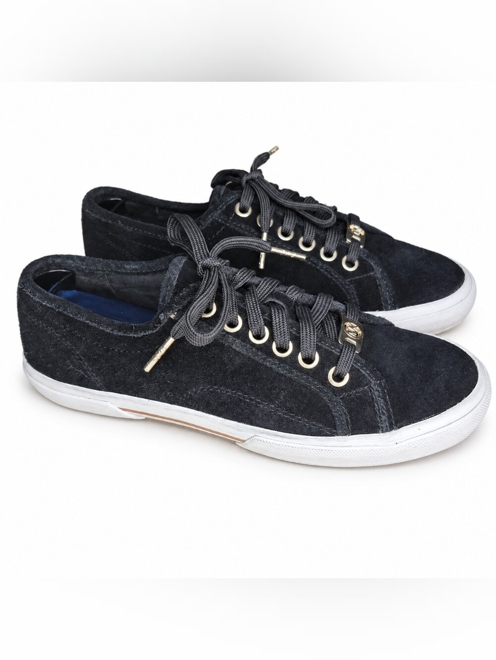 Michael Kors Irving Sneakers Womens 6M Black Suede Gold Logo Lace Up AP13C